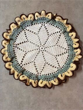 Handmade Crochet Round Doily with Scalloped Edge - White, Sage, Yellow, Brown